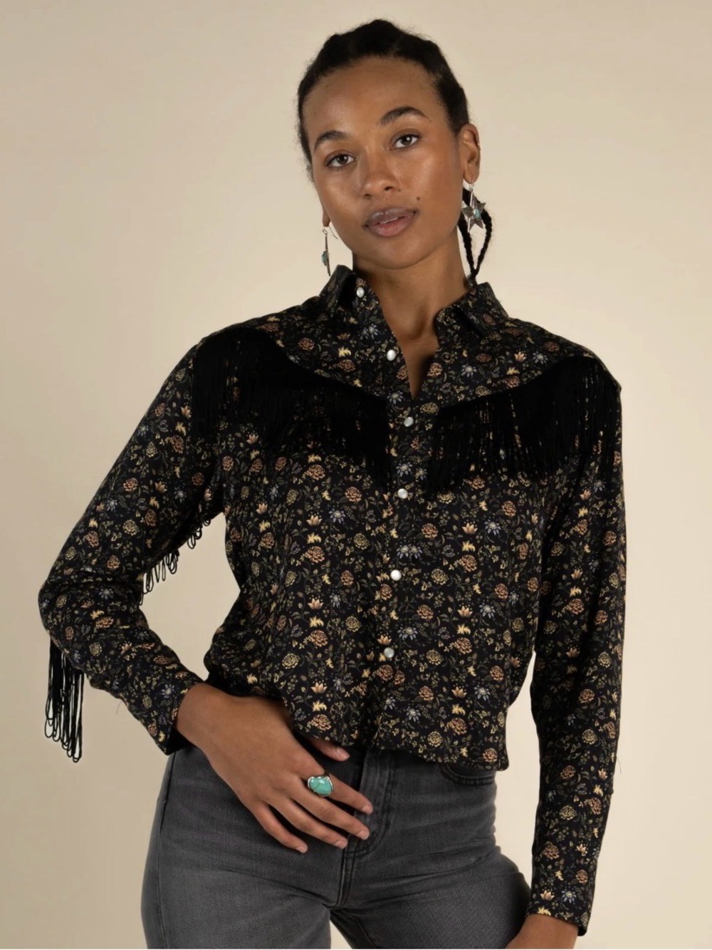 Black Floral Fringe Button-Down Western Shirt Large - Picture 3 of 4